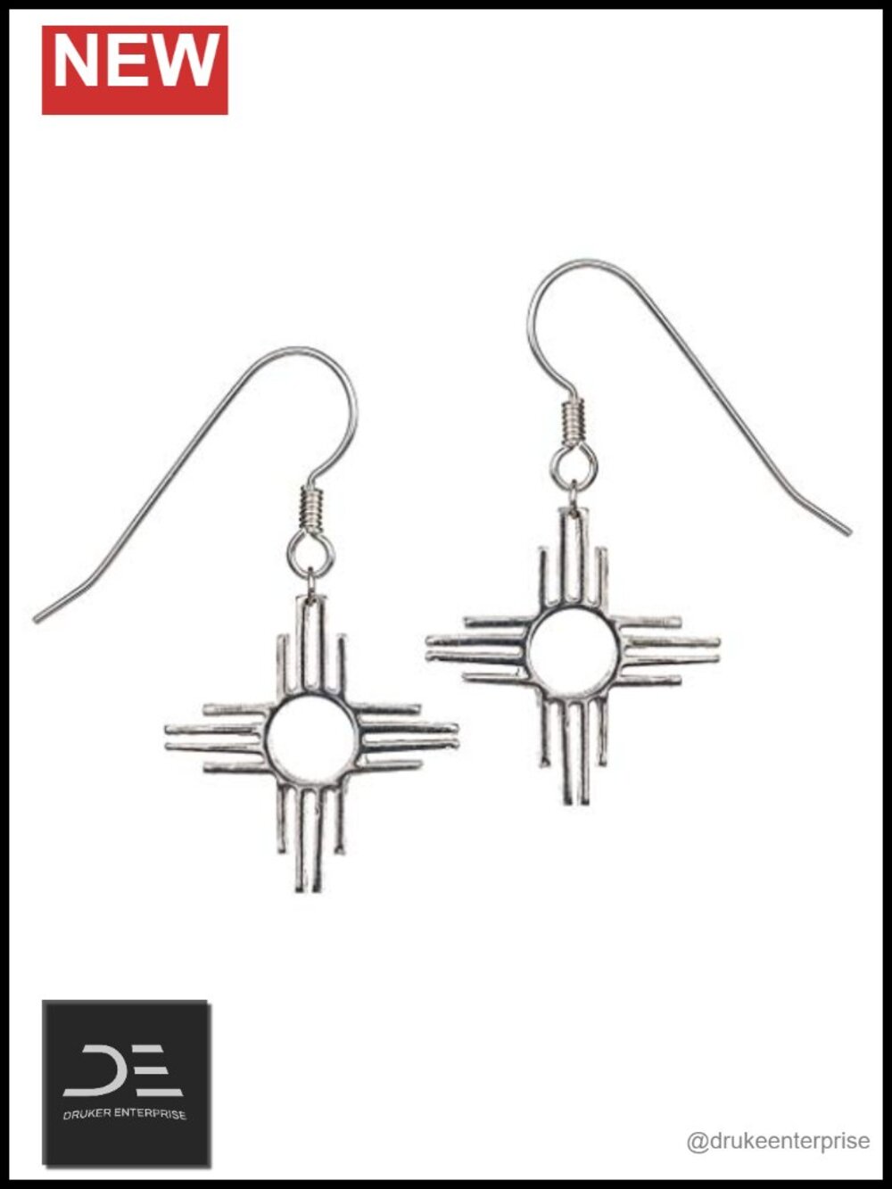 Sterling Silver Dangle Earrings French Wire Southwest Zia Pendant 2"